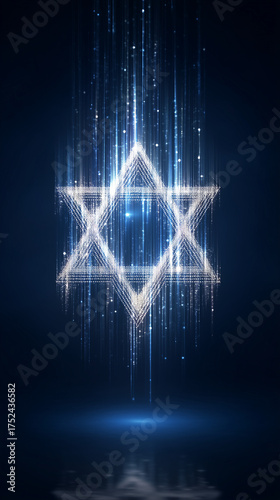 Shimmering Star of David illuminated with sparkling lights against a dark background, representing the Hanukkah celebration, concept of holiday decoration shop or event planning