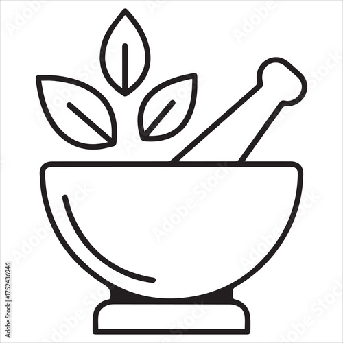 Herbal medicine mortar and pestle with leaves icon

