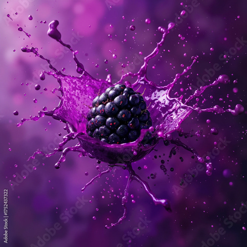 Blackberry splashing in purple liquid with vibrant droplets  