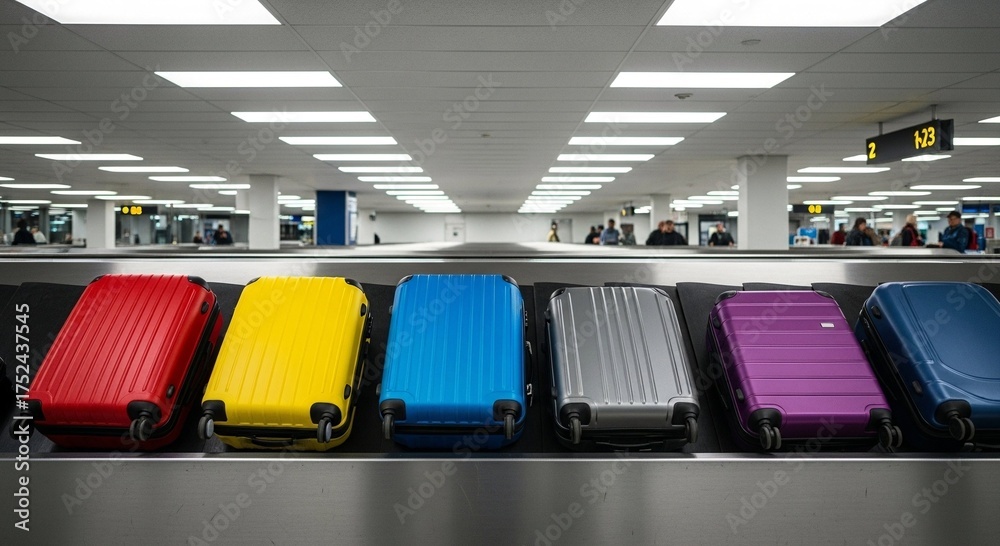 Obraz premium Colorful suitcases traveling on airport baggage claim carousel. Travel concept for flight journey and luggage collection for holiday.