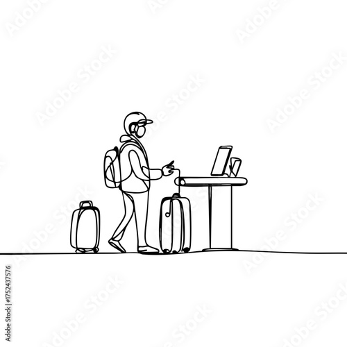 Traveler checking in at airport with luggage, minimalist continuous line art on plain white background, concept of travel and adventure.
