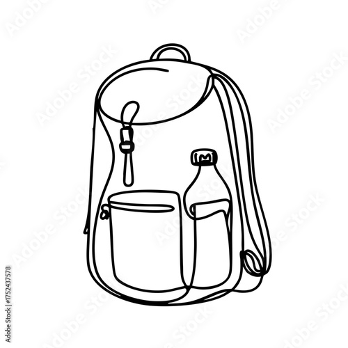 Minimalistic continuous abstract one-line drawing of a backpack with water bottle, black and white design on plain background, concept of travel gear, outdoor adventures.