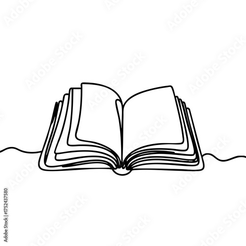 Continuous line drawing of an open travel guide book with smooth curves on a plain white background, concept of travel and exploration.