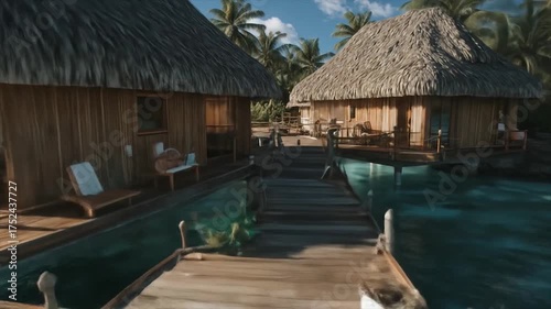Wallpaper Mural Tropical island overwater bungalows with wooden dock and turquoise waters Torontodigital.ca