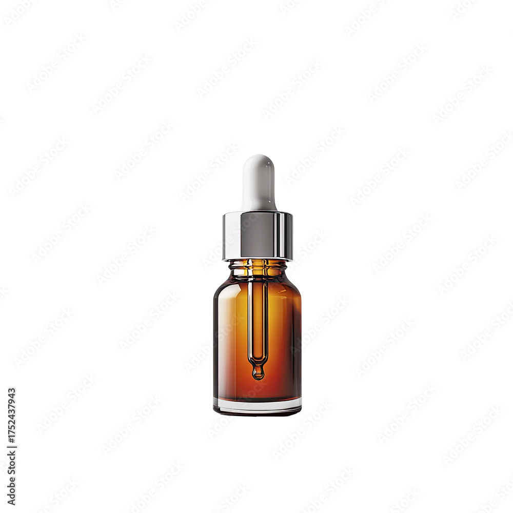 Fototapeta premium Small amber dropper bottle on dark backdrop, filled with a gold liquid
