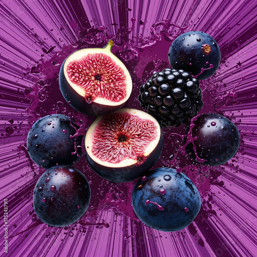 Fresh figs and blackberries with droplets on colorful background  