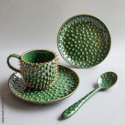 Unique cactus-inspired green ceramic tableware set with utensils  