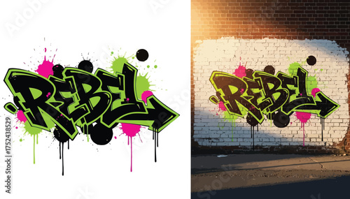 A graffiti style image showing the word rebel with neon green and pink accents on a brick wall