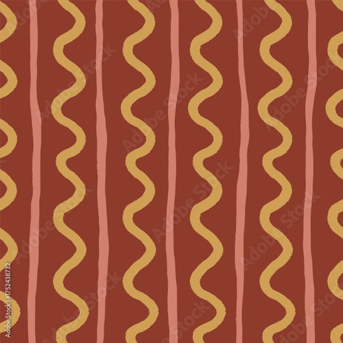 Vector abstract seamless pattern with yellow wavy stripes on red. Hand painted illustration for design, print, fabric or background.