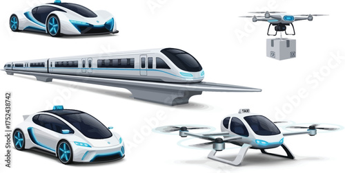 Illustration of futuristic transportation methods including cars trains and drones on white background