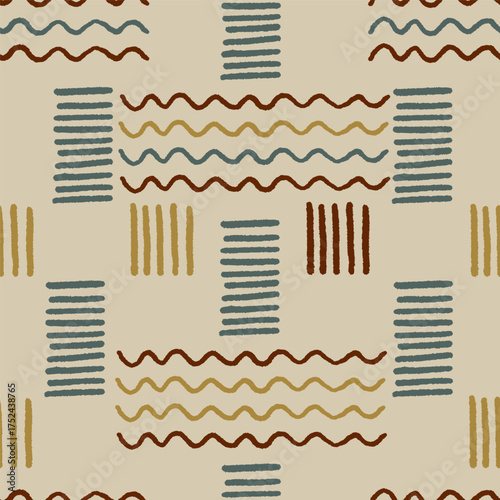 Vector abstract seamless pattern with blue, brown and beige wavy stripes. Hand painted illustration for design, print, fabric or background.