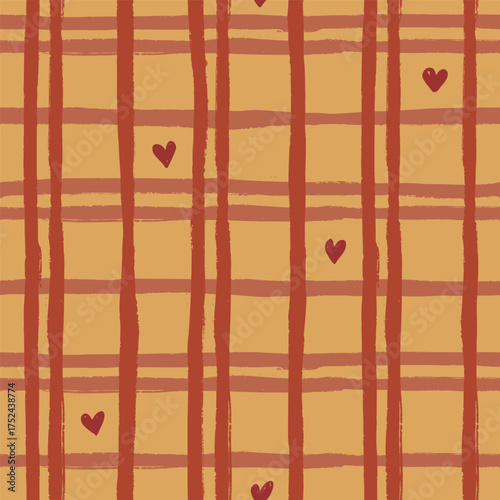 Vector abstract seamless pattern with red checks and hearts. Hand painted illustration for design, print, fabric or background.
