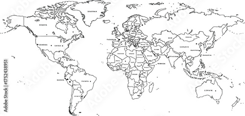 A detailed black and white outline map of the world showing continents and some major cities marked