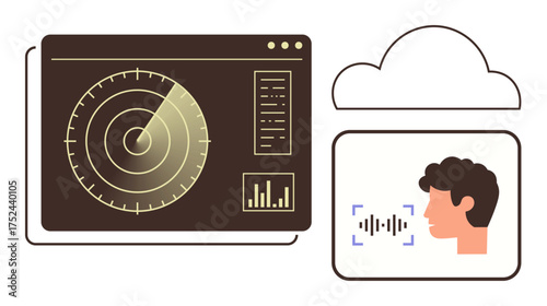 Radar-style dashboard next to cloud with voice profile scanning and soundwave. Ideal for technology, AI, machine learning, data analysis, voice recognition, surveillance, smart systems. Simple flat
