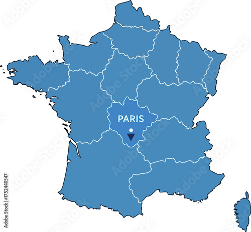 A map of france with paris highlighted in blue and a marker pinpointing the capital city location