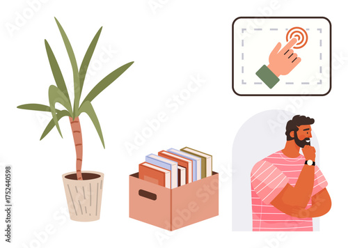 Contemplative man considering ideas, books in a box for learning or decluttering, touch gesture representing technology, potted plant symbolizing growth. Ideal for learning, decision-making