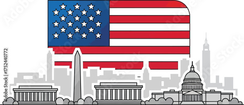 Illustration of american flag over washington dc skyline with capitol building and lincoln memorial
