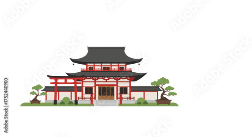 Japanese traditional building with garden and trees, architectural masterpiece