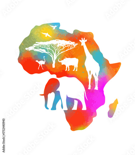 Africa logo continent symbol colored. Hand drawn. Not AI, vector illustration.
