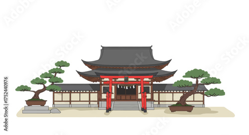 Traditional Japanese Shrine with Torii Gate and Bonsai Trees, Vector Illustration