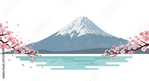 Mount Fuji Japan's Iconic Landmark with Cherry Blossoms Over a Serene Lake Scenery Vector Art