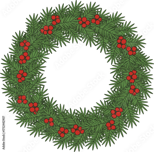 Evergreen Wreath With Red Berries On White Background Keywords: wreath, evergreen, pine, fir, branches