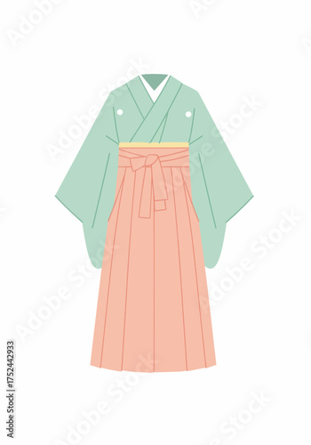 Traditional Japanese clothing a pale green kimono with a coral pink hakama