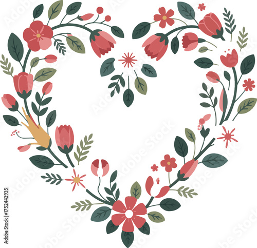 Heart Shaped Floral Arrangement With Pink Flowers And Green Leaves Keywords: heart, floral, arrangement