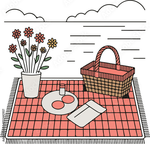 Picnic Blanket With Flowers Basket Food and Drink on a Sunny Day checkered white