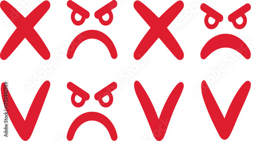 Red X and Angry Face Symbols with Checkmarks and Frowns icons