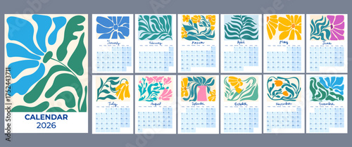 Printable 2026 Year Calendar with abstract flower illustration. Clean Layout, Monday Start. Hand drawn lettering. Minimalist Abstract Floral Art Prints