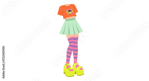 Whimsical Outfit Illustration A vibrant T-shirt, pastel skirt, striped socks, and chunky platform shoes