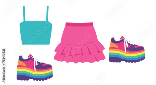 Vibrant Rainbow Platform Sneakers Paired with a Pink Ruffled Skirt and Teal Camisole Top for a Stylish Outfit