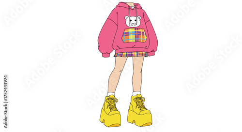 Cute pink hoodie and plaid skirt outfit with chunky platform shoes