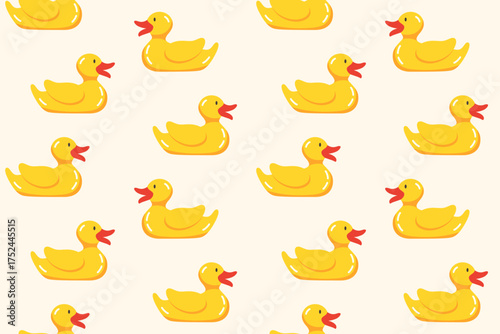 Seamless, repeating, endless pattern featuring multitude of bright yellow rubber duckies on creamy background. Cute vector children's illustration for packaging, textiles, paper, baby care packages.