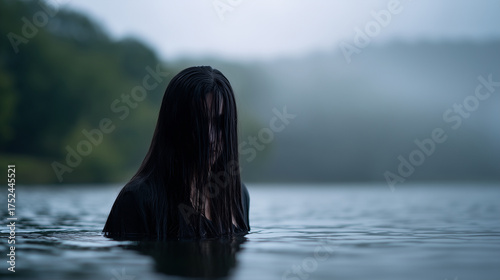 Dark horror scene of a ghostly woman emerging from water, long wet black hair covering her face, cinematic eerie atmosphere, foggy lake background, cold green tones, concept of fea