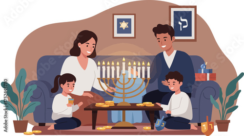 Family Celebrating Hanukkah with Menorah Lighting and Traditional Festivities at Home