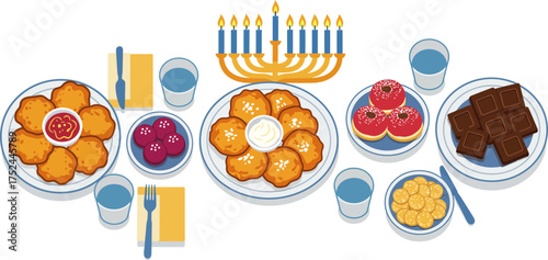 Festive Hanukkah Celebration with traditional foods, menorah candles and sweets on a dark background