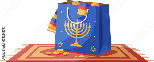 Hanukkah celebration with festive elements including menorah coins and cultural symbols in a