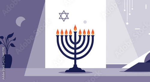 Hanukkah Menorah Illuminated with Candles and Star of David Decor