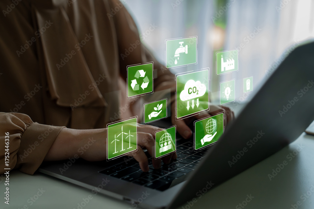Naklejka premium ESG concept integrates environmental, social, and governance practices to promote sustainability, responsibility, and ethical business development Latch