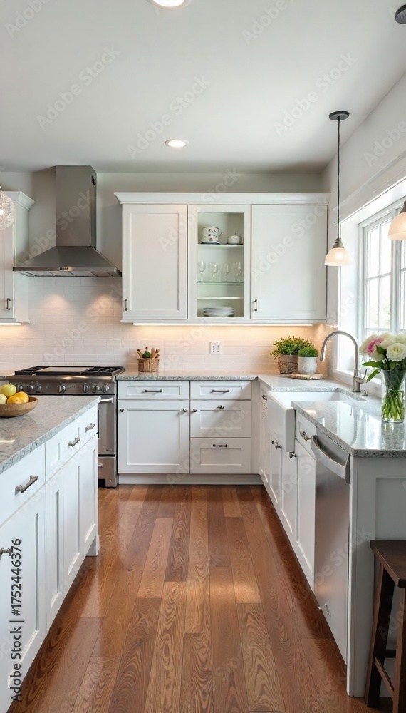 Fototapeta premium Elegant Shaker Kitchen Design White Cabinets, Granite Countertops, Ample Island Workspace