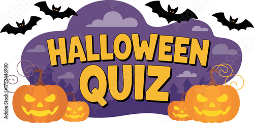 Vector art of halloween quiz banner with pumpkins and bats for festive trivia fun