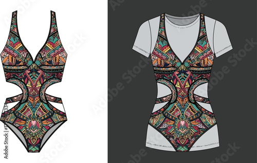 A digitally rendered design featuring a swimsuit and t shirt with a colorful pattern design on them