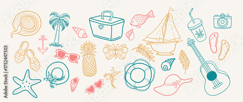 Hand Drawn Summer Icons for Travel Branding, Packaging, Editorial and Stationery Design. Beach, sea, vacation themed set.