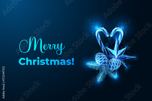 Candy cane heart with pine cone and star. Christmas vector illustration. Romantic holiday card