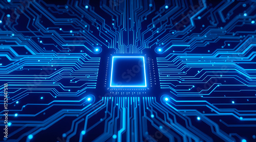A visually striking image of a glowing blue circuit board with a central microchip processor, representing technology, artificial intelligence, and the future of computing. The intricate network of li