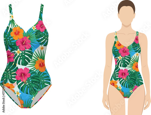 One piece swimsuit with tropical floral pattern next to a mannequin wearing the same swimsuit