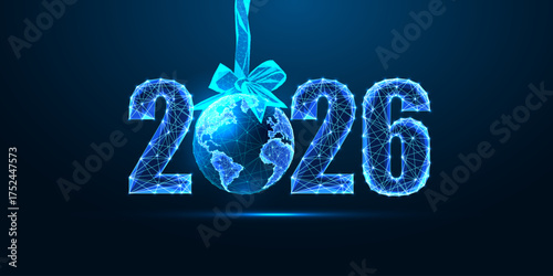 2026 with glowing globe ornament and bow, global unity and holiday celebration concept vector 