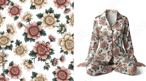Floral pajama set featuring a pattern of pink and cream flowers against a white background design style